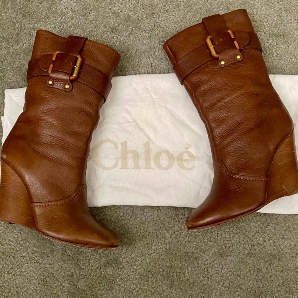 Chloe Prince Paddington Leather Wedge Calf Boots 39 8 8.5 Shoes Brown
